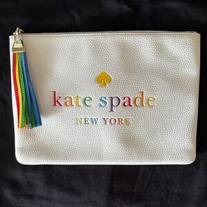 kate spade White Rainbow Logo Leather Pouch with Tassel